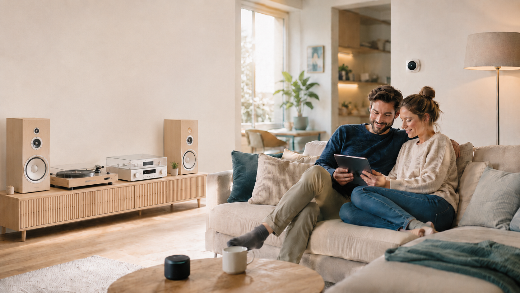 Modernes Wohnzimmer mit Smart-Home-Technik